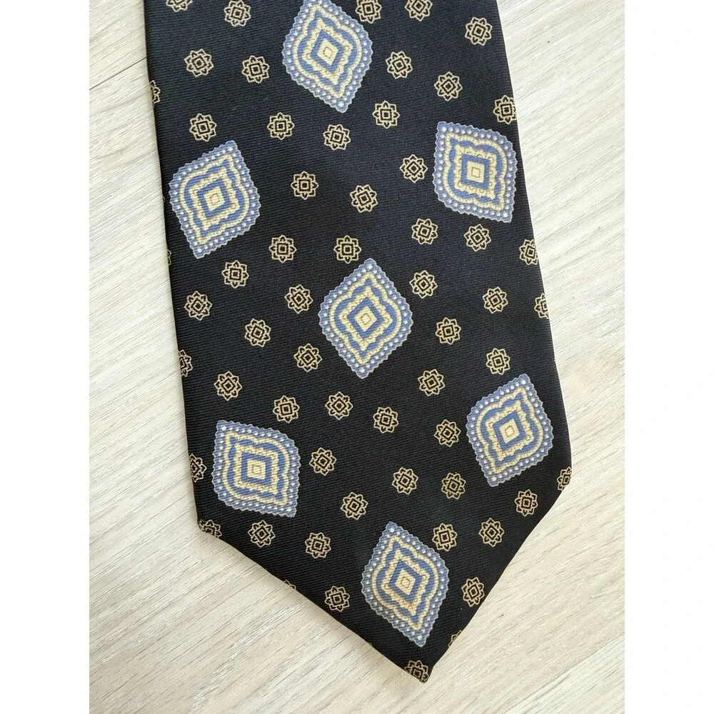 Vintage Chaps Ralph Lauren Men Silk Geometric Tie Black Blue Gold Pointed Woven